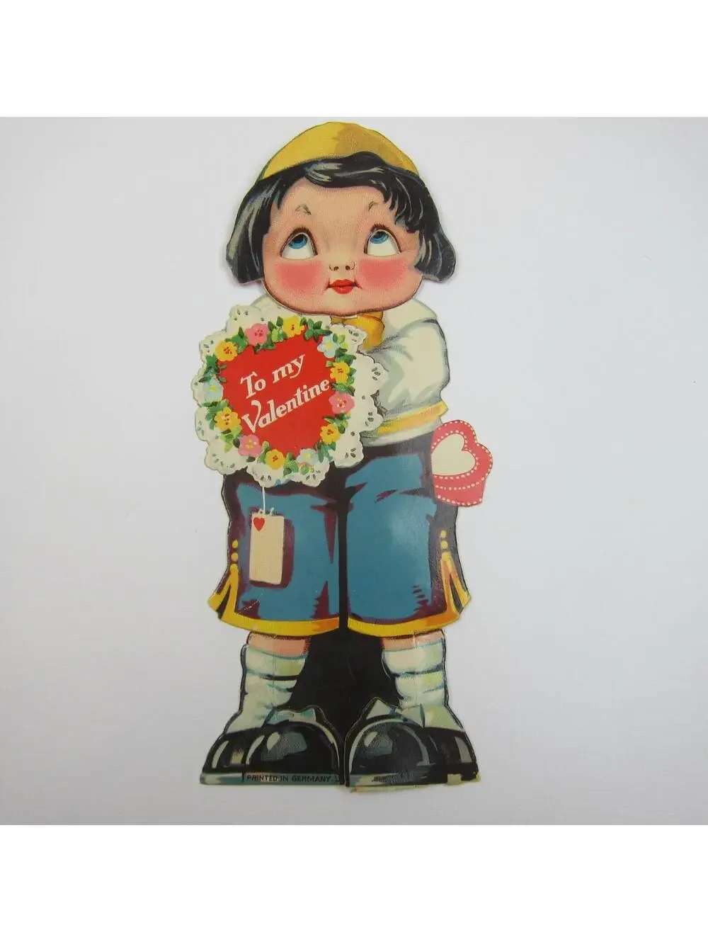 Vintage Valentine Card Mechanical Boy Blue Google Eyes Move Holds Flower Bouquet